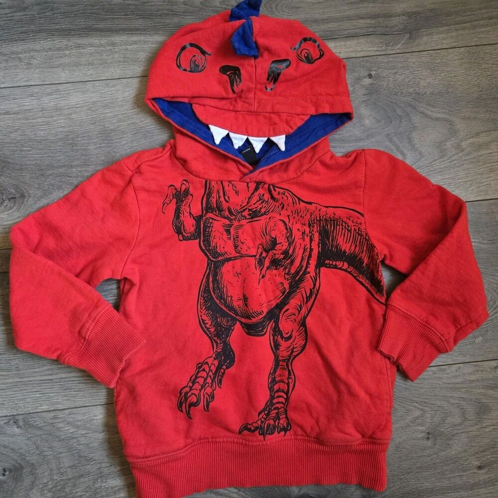 Hollywood The Jean People Boys Red Dinosaur Hoodie Size 4 T-Rex Teeth Spikes Kid